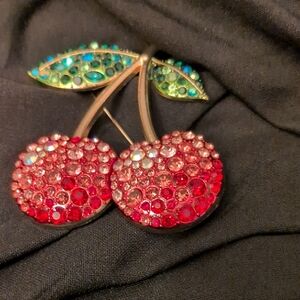 Source Unknown Vibrant Cherry Brooch with Red and Green Crystals